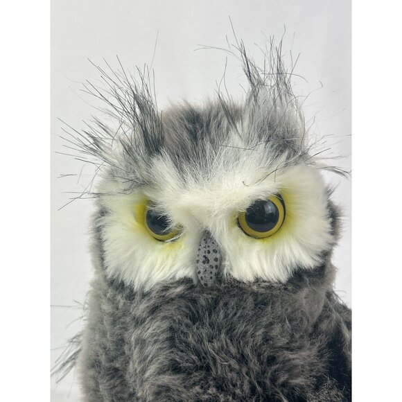 Realistic Aurora Great Horned Owl Plush Toy Yellow Eyes Fluffy Faux Fur Gray Whi - Picture 2 of 10